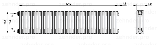 Схема (чертеж) Радиатор Zehnder Charleston 3030/27 №1270 Белый глянцевый RAL 9016
